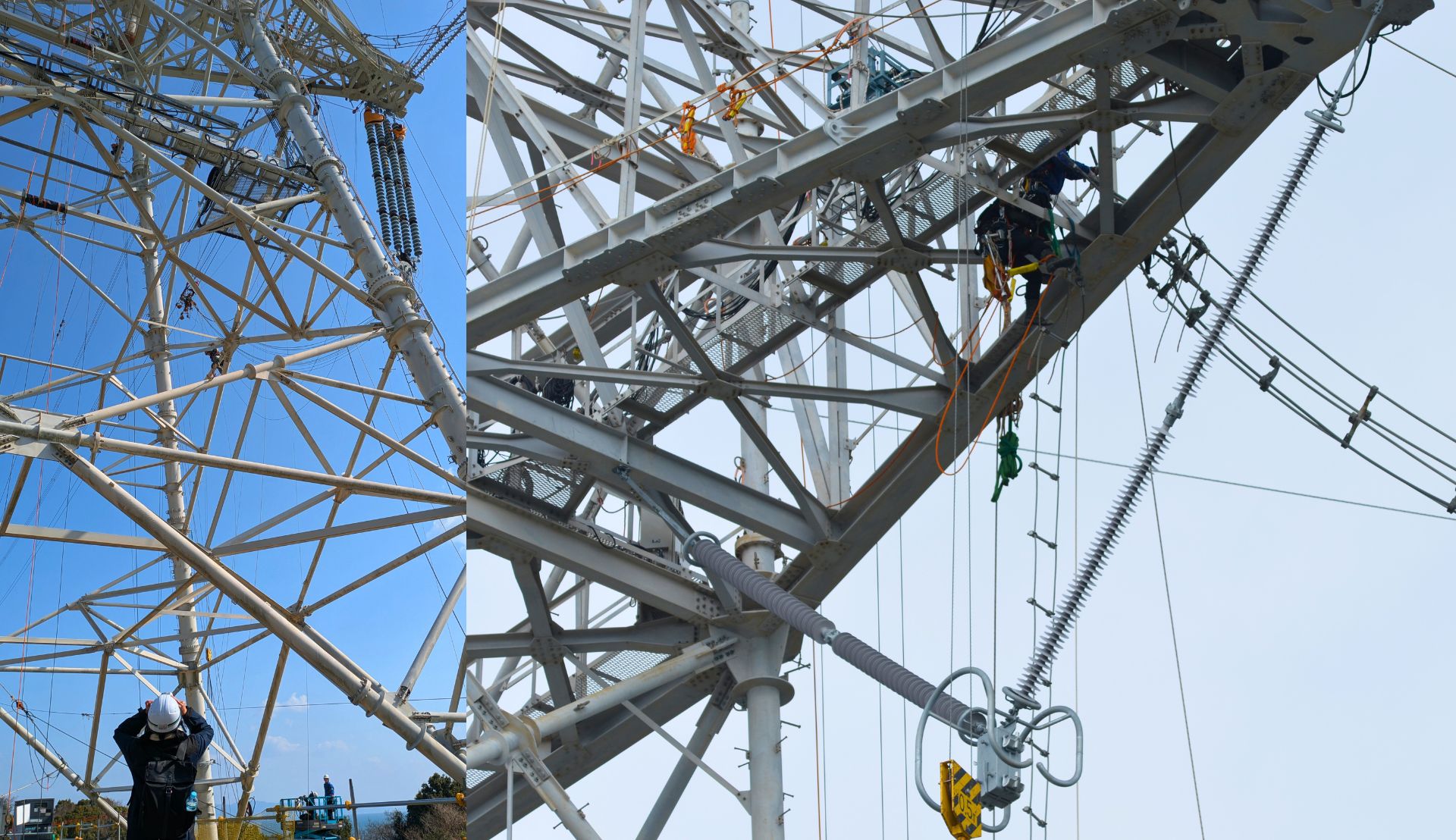 4連耐張装置の緊線作業および500kV ポリマージャンパV吊装置の設置作業の様子